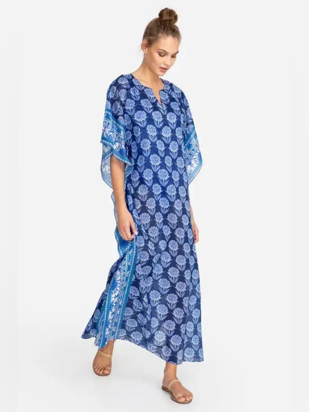 Johnny Was Yao Maxi Kaftan Blue and White Coverup Kimono